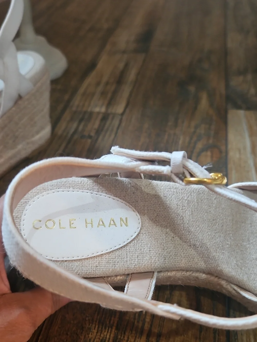 Cole Haan White Canvas Espadrille Wedge Sandals with Ankle Strap and Gold Buckle